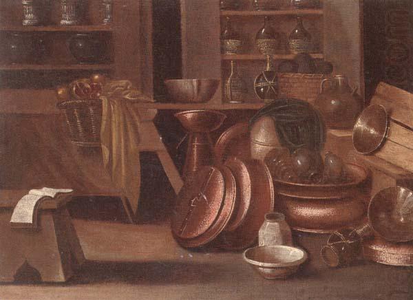 A Kitchen still life of utensils and fruit in a basket,shelves with wine caskets beyond, unknow artist